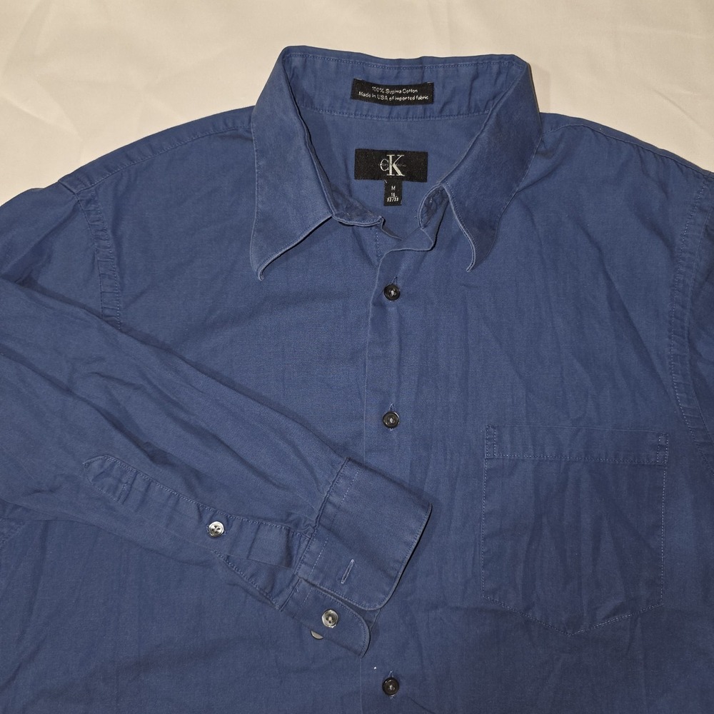 Vintage‎ Calvin Klein Button Up Shirt Med Blue Supima Cotton Long Sleeve Usa